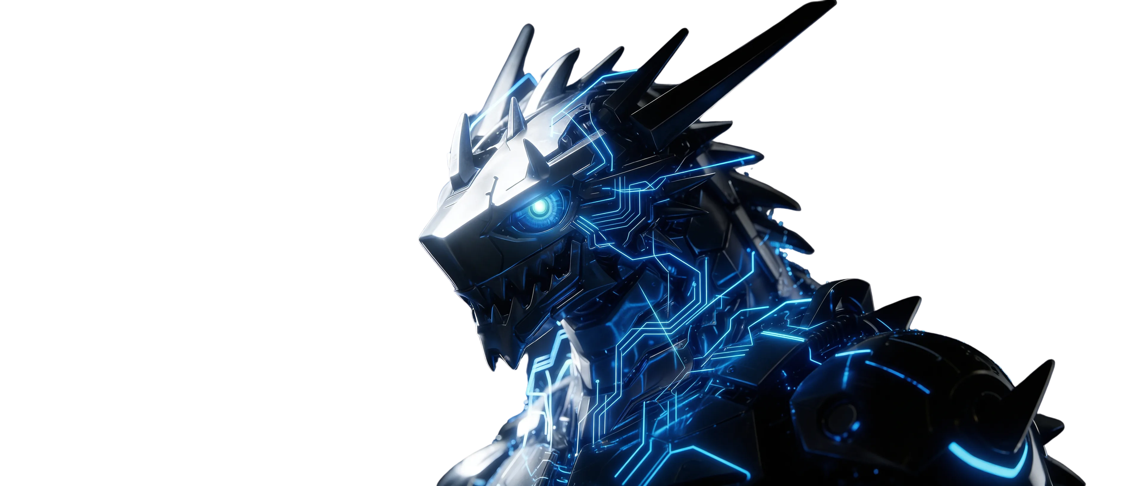 Drakos, the chrome dragon mascot, in profile